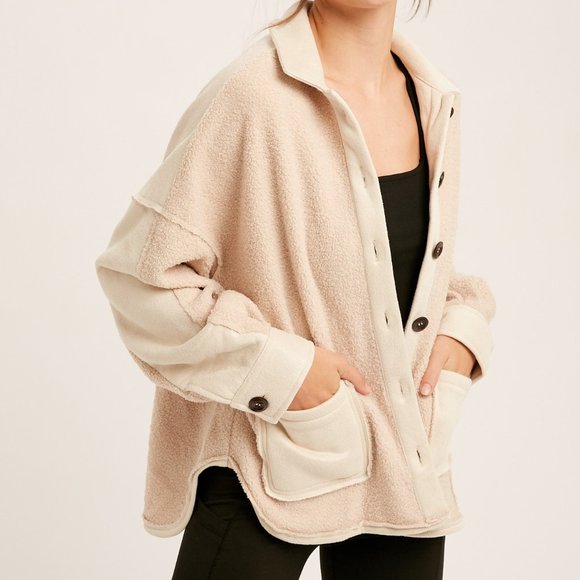 Listicle Oversized Terry Cloth Collar Button Closure Pocket Shacket - Picture 8 of 9